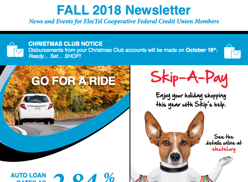 ElecTel Newsletter. Dog holding bags and car driving in fall