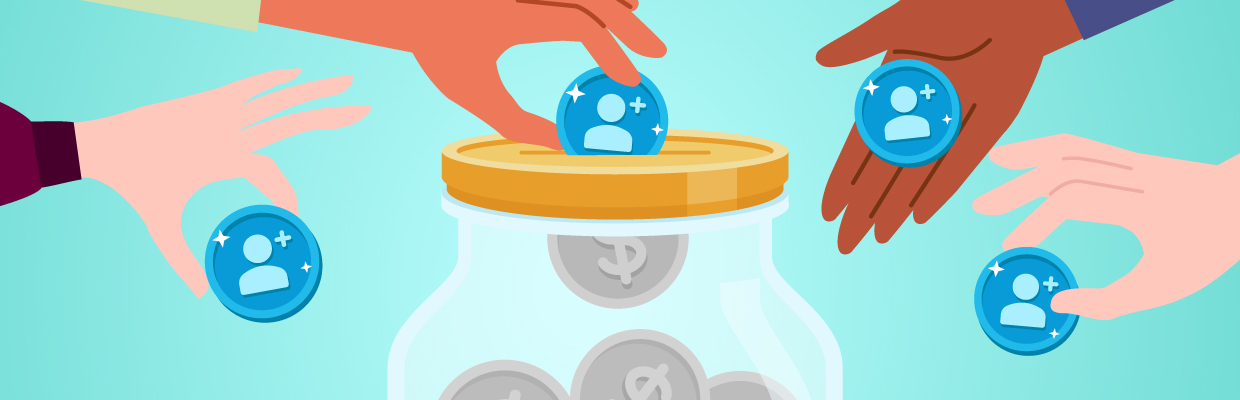 Graphic putting money into coin bank