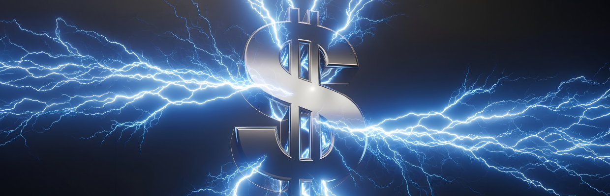 A metallic dollar sign is surrounded by bright blue lightning bolts against a dark background, conveying power, energy, and financial impact.